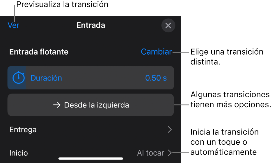 Controles del panel Opciones para modificar una transición.