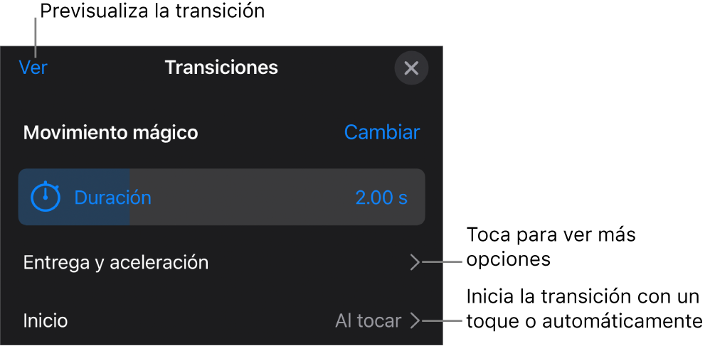 Controles de Movimiento mágico en el panel Transiciones.