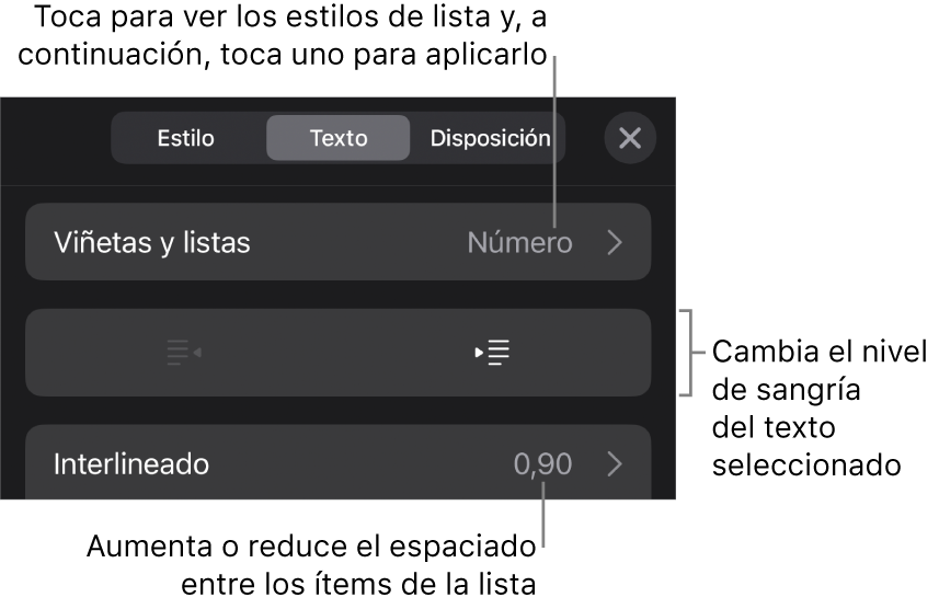 La sección “Viñetas/listas” de los controles de formato con llamadas a “Viñetas/listas”, los botones de sangría o de sangría izquierda, y los controles de interlineado.