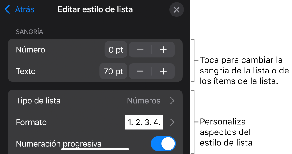 Menú “Editar estilo de lista” con controles para editar el tipo de lista y su apariencia.