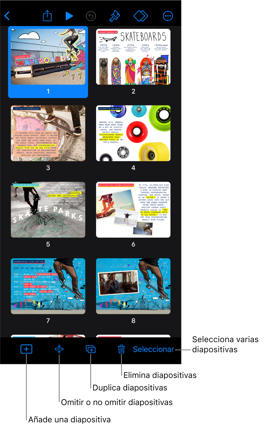 Vista de mesa luminosa con botones en la parte inferior de la pantalla para añadir, omitir, duplicar y eliminar diapositivas, y para seleccionar varias diapositivas a la vez.