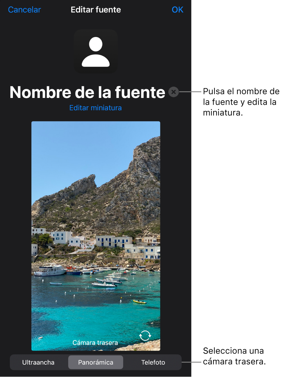 La ventana “Nueva fuente”, con controles para cambiar el nombre y la miniatura de la fuente sobre una previsualización en directo de la cámara. Si el iPhone tiene varias cámaras traseras, los botones para seleccionarlas aparecerán en la parte inferior de la pantalla.