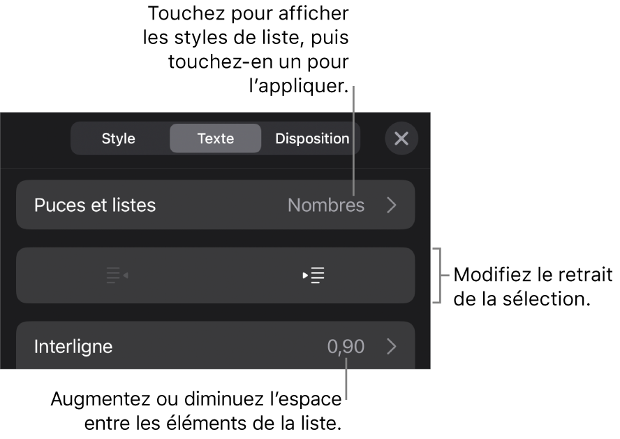 La section « Puces et listes » des commandes Format avec des légendes pour « Puces et listes », les boutons d’indentation et de suppression d’indentation et les commandes d’espacement entre les lignes.