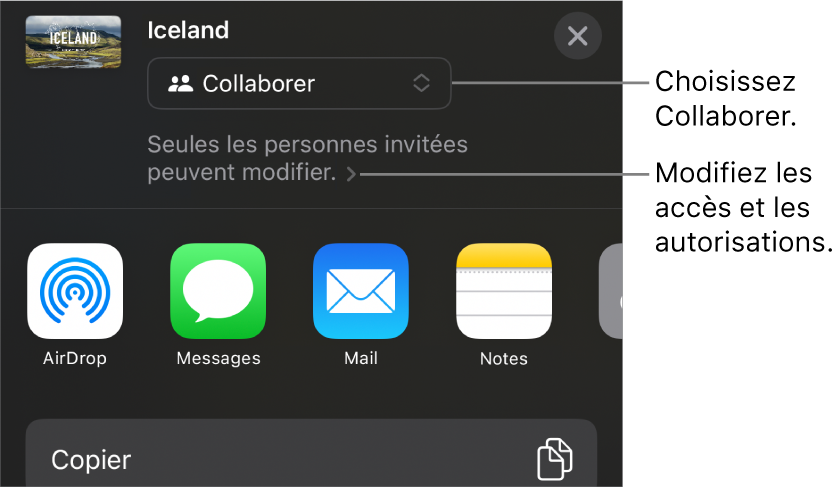 Le menu Partager avec l’option Collaborer sélectionnée en haut, et des réglages d’accès et d’autorisation en dessous.