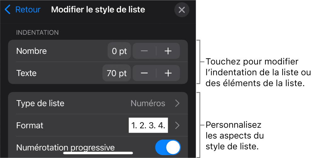 Le menu « Modifier le style de liste » avec des commandes permettant de modifier le type et l’apparence de la liste.