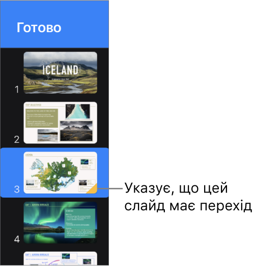 Жовтий трикутник на слайді означає, що цей слайд має перехід.