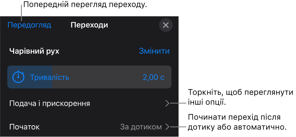 Елементи керування «Чарівний рух» на панелі «Переходи».