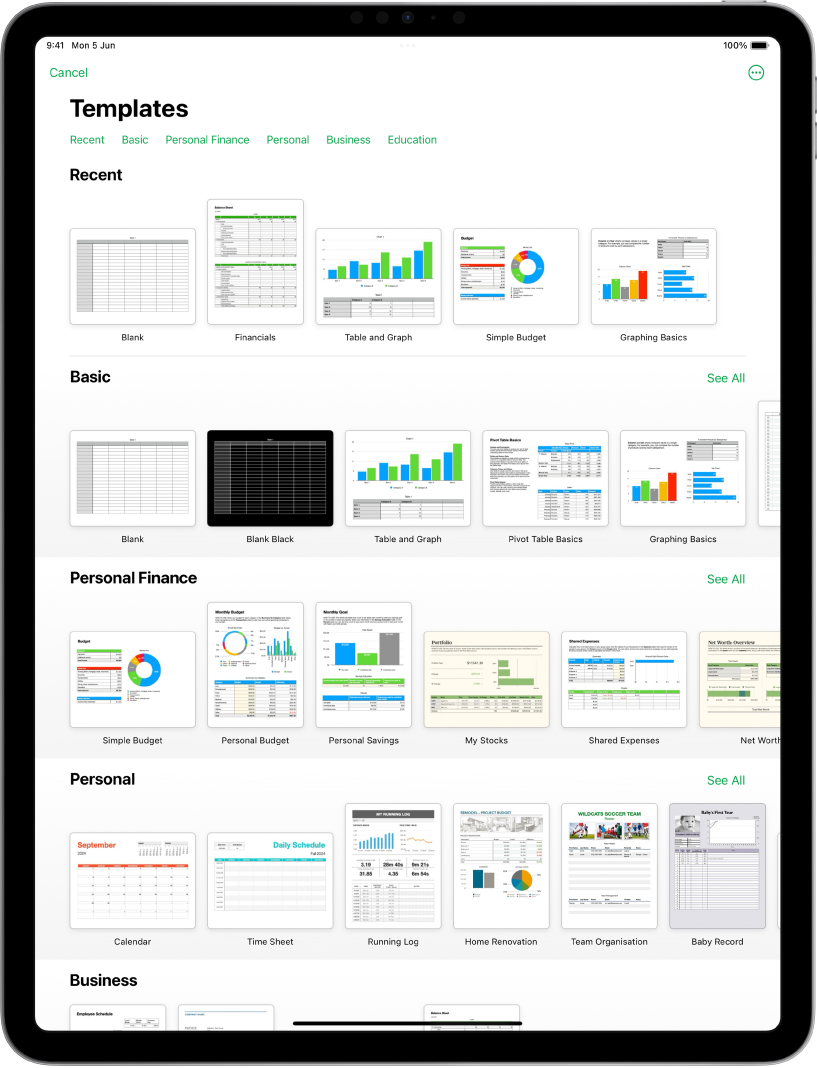 The template chooser, showing a row of categories across the top that you can tap to filter the options. Below are thumbnails of predesigned templates arranged in rows by category, starting with Recent at the top and followed by Basic and Personal Finance. A See All button appears above and to the right of each category row. The Language and Region button is in the top-right corner.