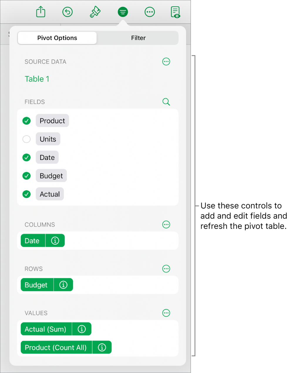 The Pivot Options menu showing fields in the Columns, Rows and Values sections, as well as controls to edit the fields.