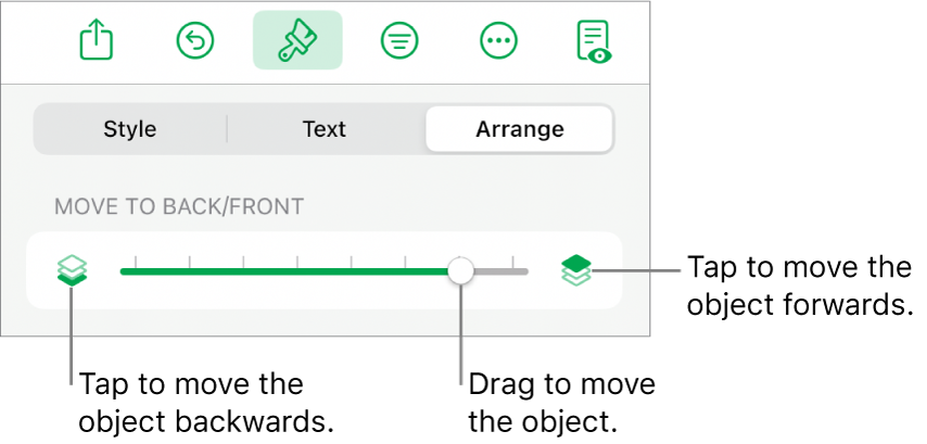 The Move Backward button, the Move Forward button and the layering slider.