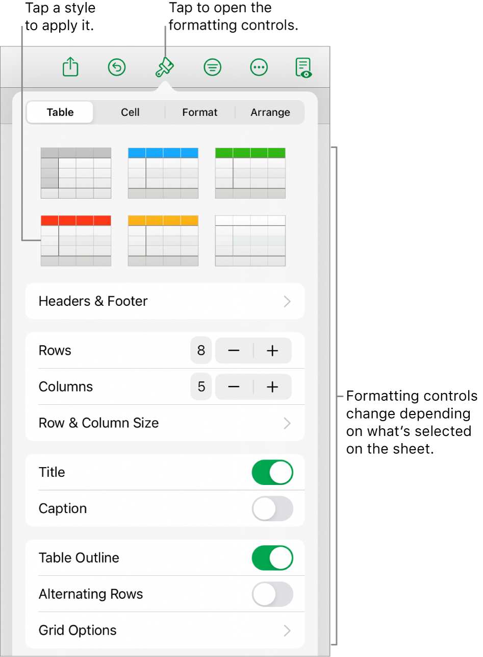 The Table tab of the Format menu.