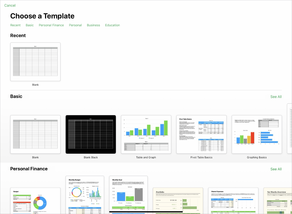 The template chooser, showing a row of categories across the top that you can tap to filter the options. Below are thumbnails of predesigned templates arranged in rows by category, starting with Recent at the top and followed by Basic and Personal Finance. A See All button appears above and to the right of each category row. The Language and Region button is in the top-right corner.