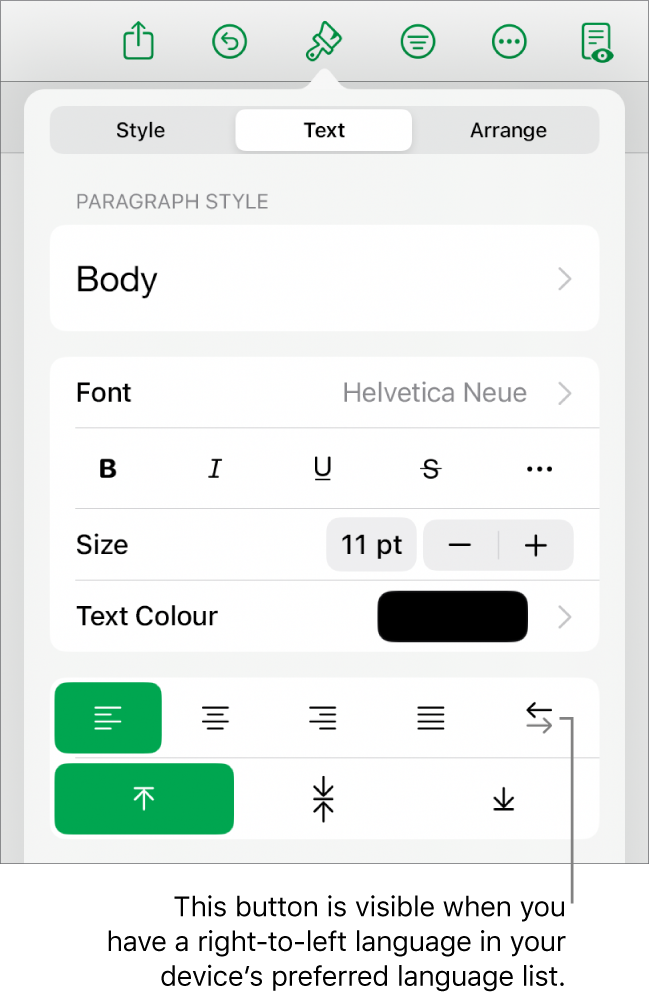 The Style section of the Format menu with a callout to the Right to Left button.