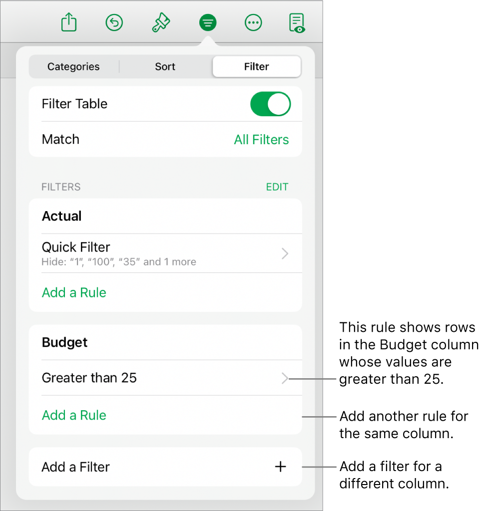 Controls for adding new filtering rules or editing existing ones.