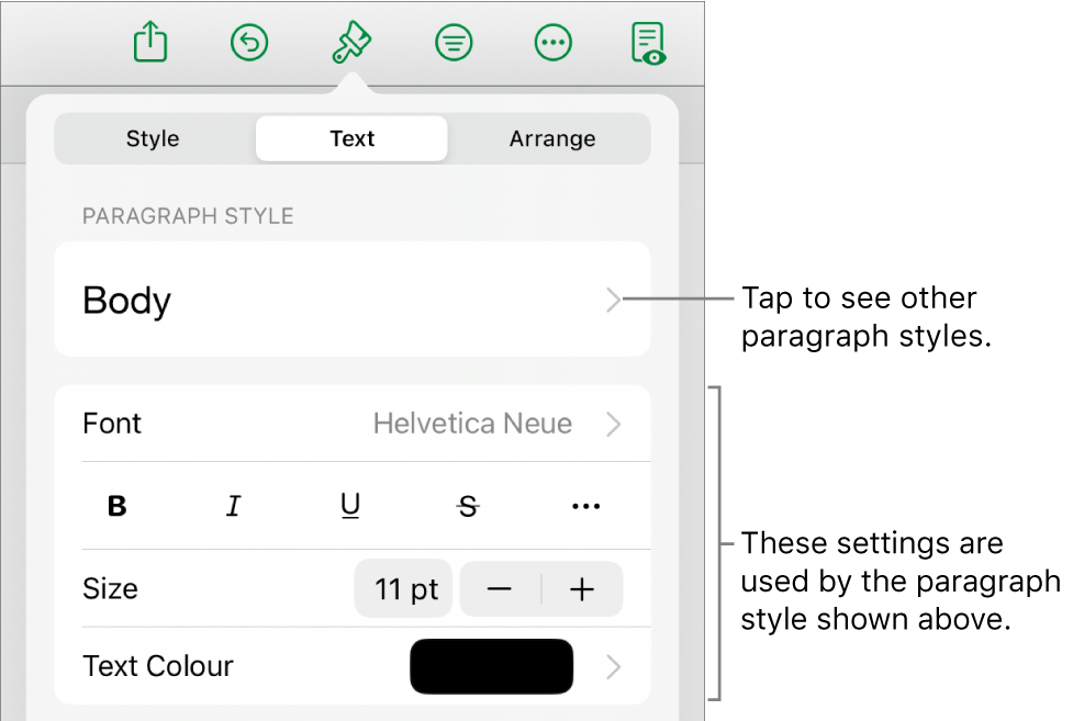 The Format menu showing text controls for setting paragraph and character styles, font, size and colour.