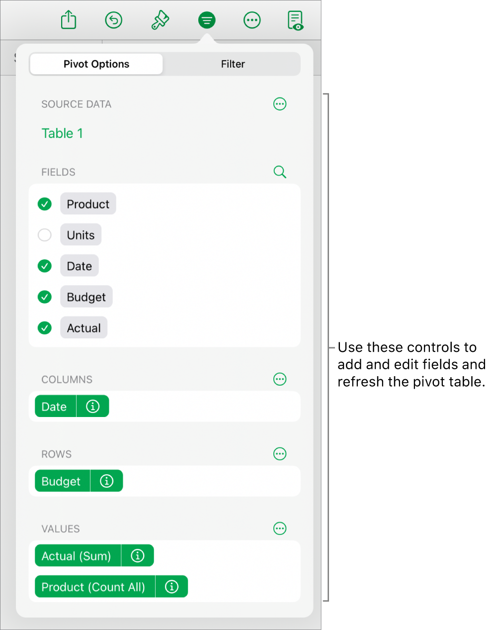 The Pivot Options menu showing fields in the Columns, Rows, and Values sections, as well as controls to edit the fields.