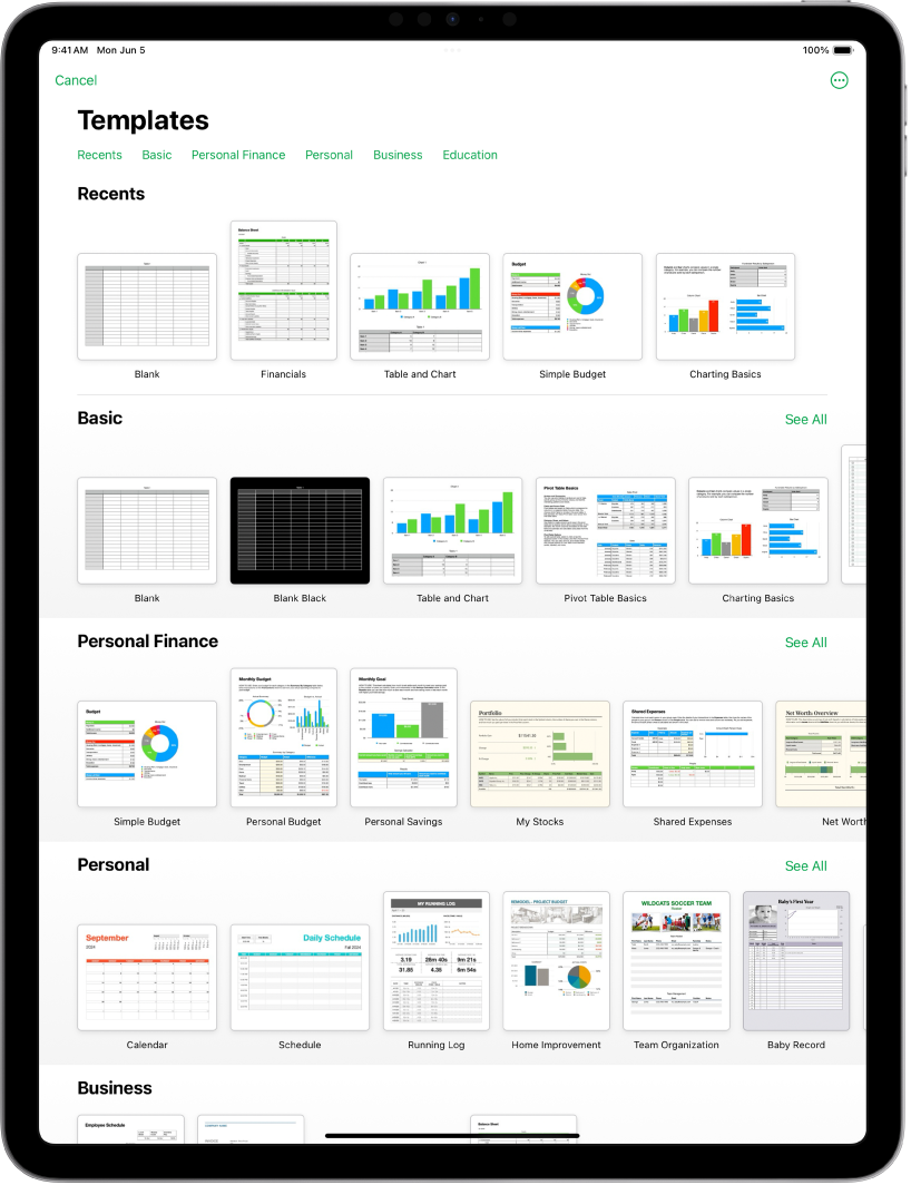 The template chooser, showing a row of categories across the top that you can tap to filter the options. Below are thumbnails of predesigned templates arranged in rows by category, starting with Recents at the top and followed by Basic and Personal Finance. A See All button appears above and to the right of each category row. The Language and Region button is in the top-right corner.