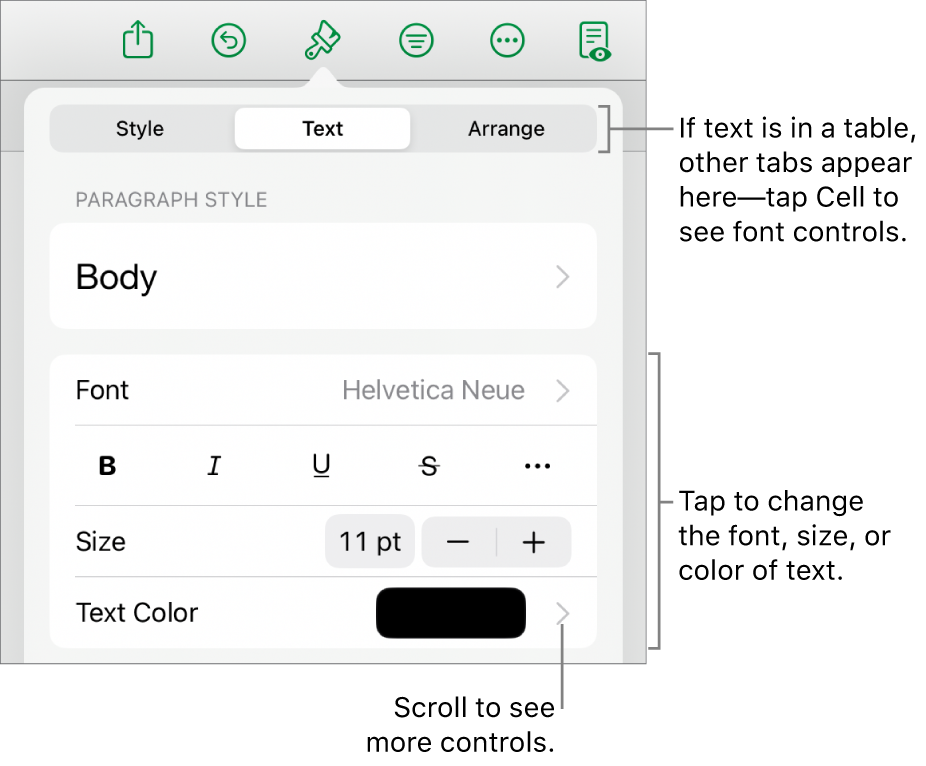 Text controls in the Format menu for setting paragraph and character styles, font, size, and color.