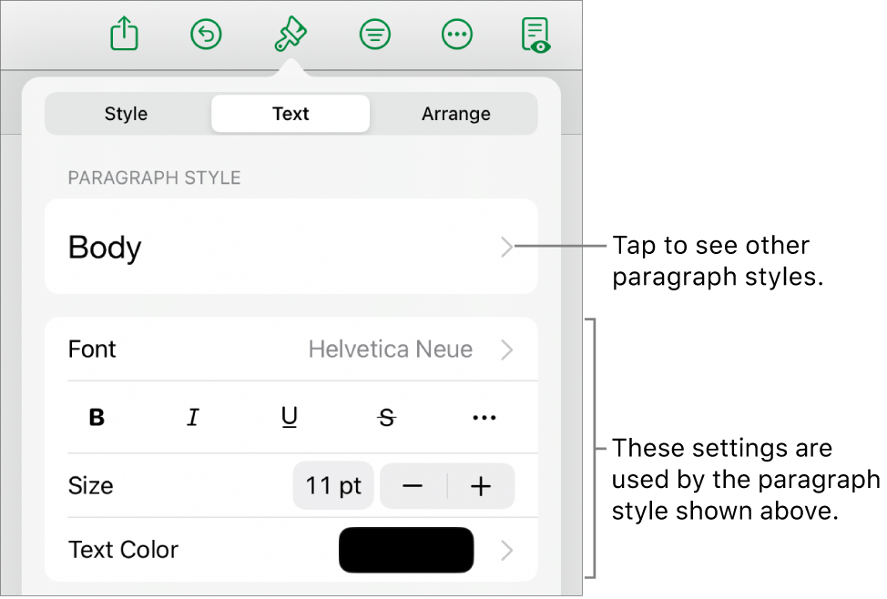 The Format menu showing text controls for setting paragraph and character styles, font, size, and color.