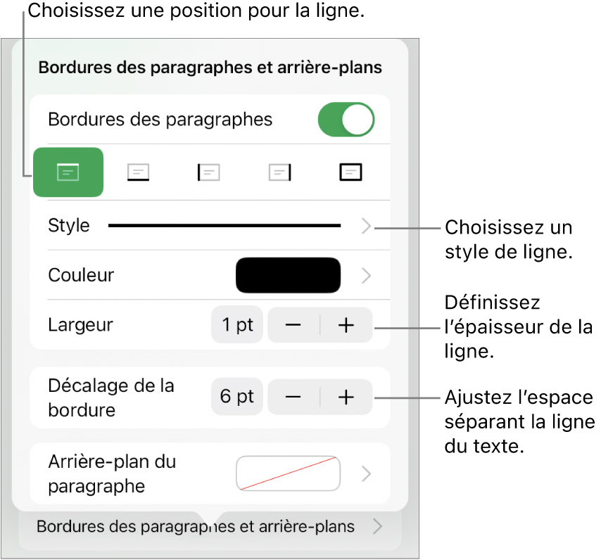 Commandes permettant de modifier le style, l’épaisseur, la position et la couleur de la ligne.