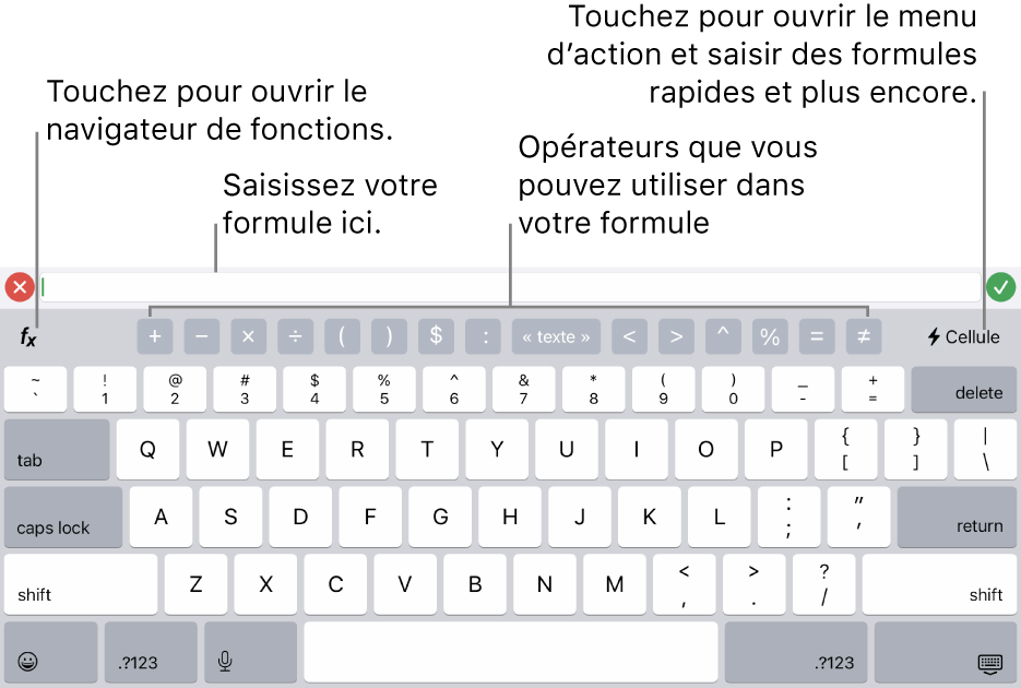 Clavier des formules, avec l’éditeur de formules en haut et les opérateurs utilisés dans les formules en dessous de celui-ci. Le bouton Fonctions qui permet d’ouvrir le navigateur de fonctions se trouve à gauche des opérateurs et le bouton du menu d’action, à droite.