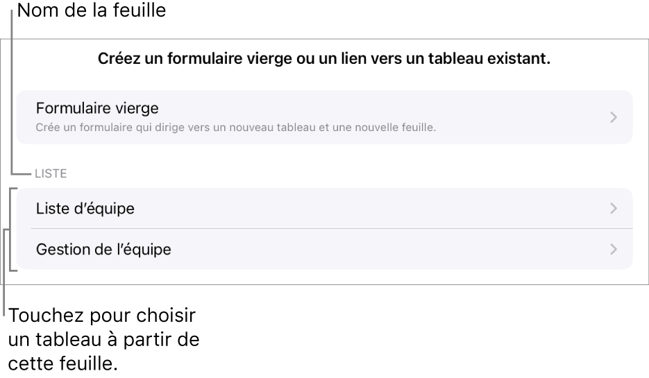 Une liste de tableaux qui se trouve dans la même feuille de calcul, avec l’option pour créer un formulaire vierge en haut.