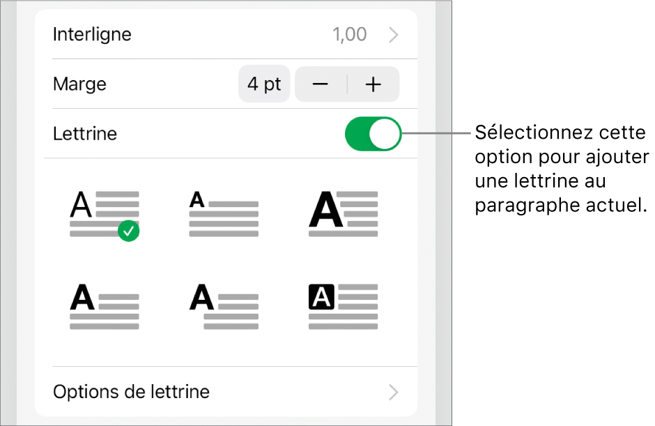 Les commandes Lettrine situées en bas du menu Texte.