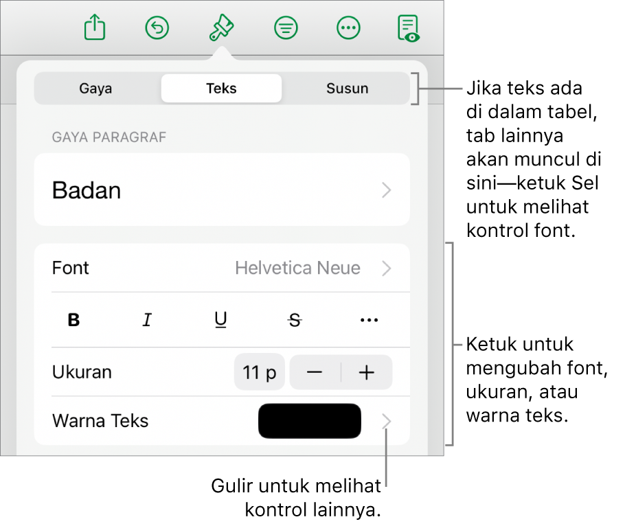 Kontrol teks di menu Format untuk mengatur paragraf dan gaya karakter, font, ukuran, dan warna.