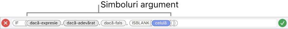 Editorul de formule afișând o funcție cu tokenurile de argumente.