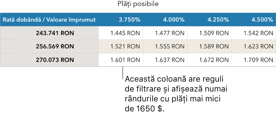 Un tabel care afișează ipoteca după filtrarea în funcție de ratele de dobândă pe care vi le permiteți.