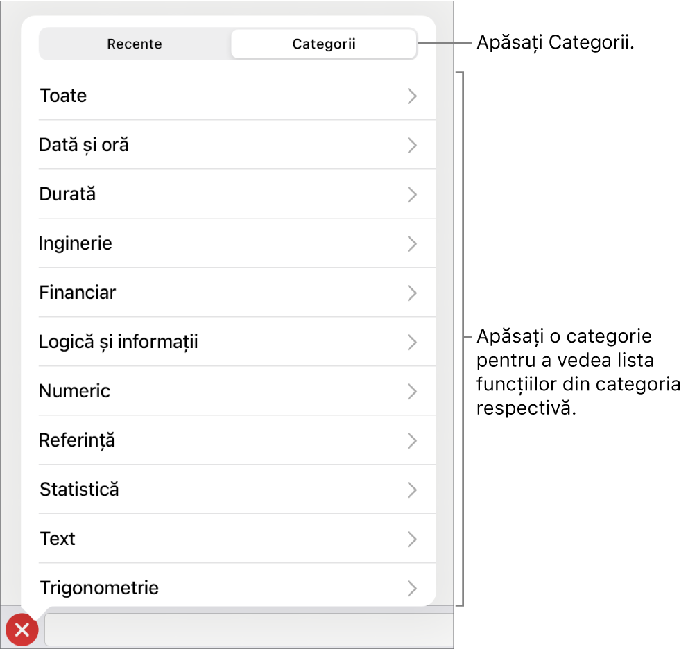 Browserul de funcții cu butonul Categorii selectat și lista categoriilor mai jos.