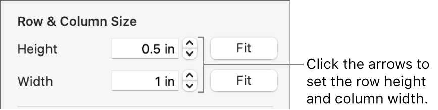 The controls for setting a precise row or column size.