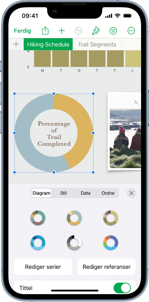 Et sektordiagram som viser prosentandeler over gjennomførte turer. Format-menyen er også åpen og viser ulike diagramstiler som kan velges, samt alternativer for å redigere serien eller diagramreferanser og slå diagramtittelen av eller på.