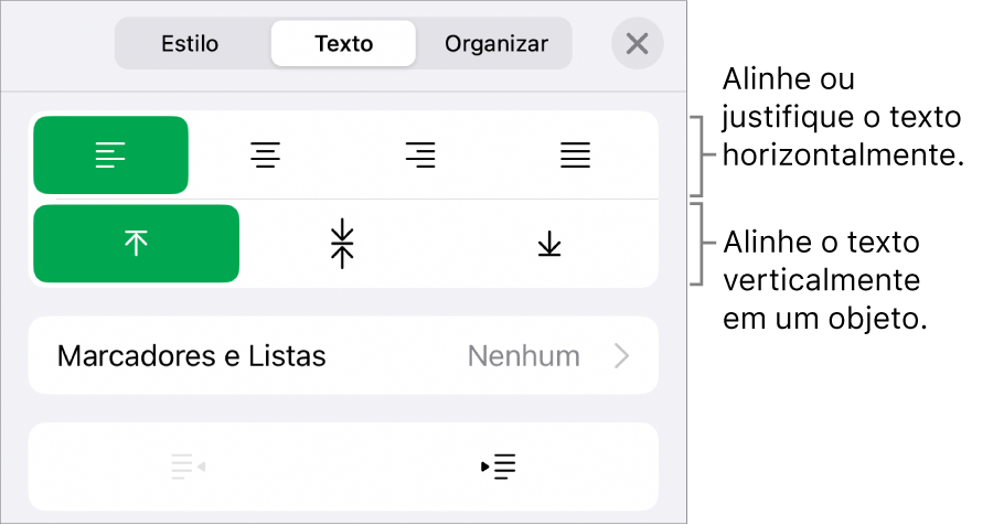 Seção Layout do inspetor Formatar com balões explicativos para os botões de alinhamento de texto e de espacejamento.