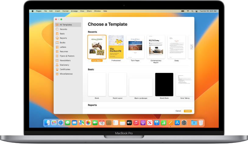 A MacBook Pro with the Pages template chooser open on the screen. The All Templates category is selected on the left and predesigned templates appear on the right in rows by category.