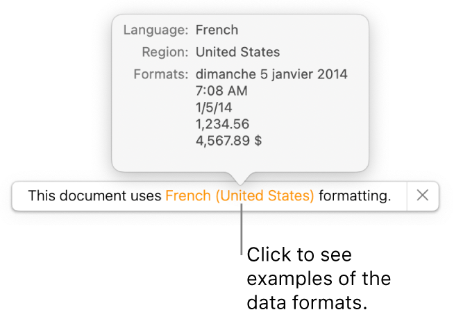 The notification of the different language and region setting, showing examples of the formatting in that language and region.