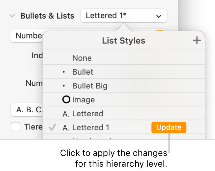 The List Styles pop-up menu with an Update button next to the name of the new style.