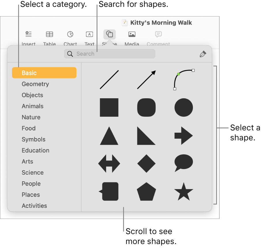 The shapes library, with categories listed on the left and shapes displayed on the right. You can use the search field at the top to find shapes and scroll to see more.