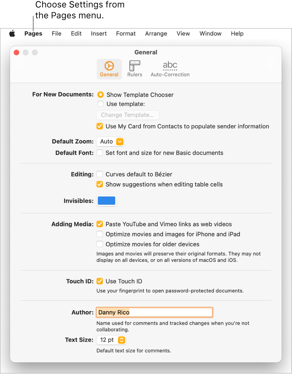 Pages Settings window open to the General pane, with settings for new documents, default zoom and font, editing, equations, invisibles, adding media, Touch ID, author name, and default text size.