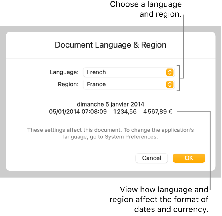 Language and Region pane with controls for language and region, and a format example including date, time, decimal, and currency.