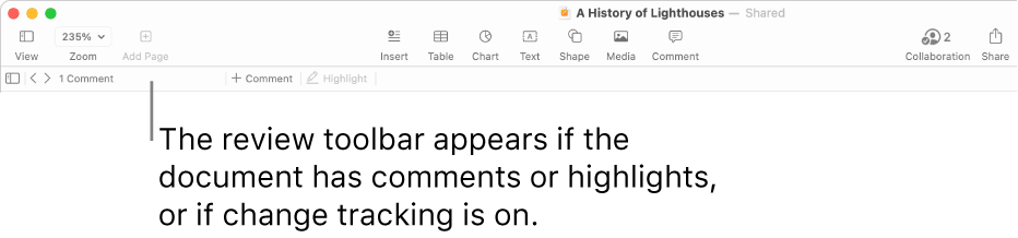 Pages toolbar at the top of the screen with buttons across the top for View, Zoom, Add Page, Insert, Table, Chart, Text, Shape, Media, and Comment. Below the Pages toolbar is the review toolbar with hide or show comments button, arrows to go to previous or next comment, total number of comments, and add comment or highlight buttons.