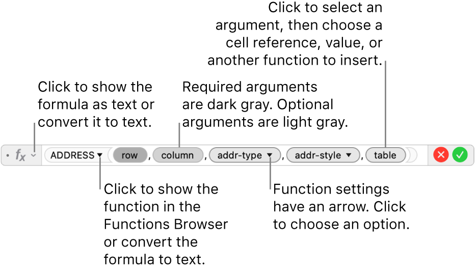 The formula editor showing the ADDRESS function and its argument tokens.