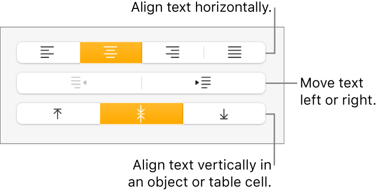 The Alignment section of the Format inspector with buttons for aligning text horizontally and vertically and buttons to move text left or right.