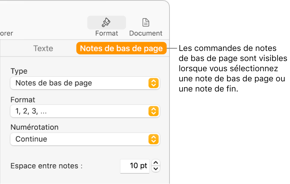 Sous-fenêtre des notes de pied de page affichant les menus locaux Type, Format, Numérotation et Espace entre notes.