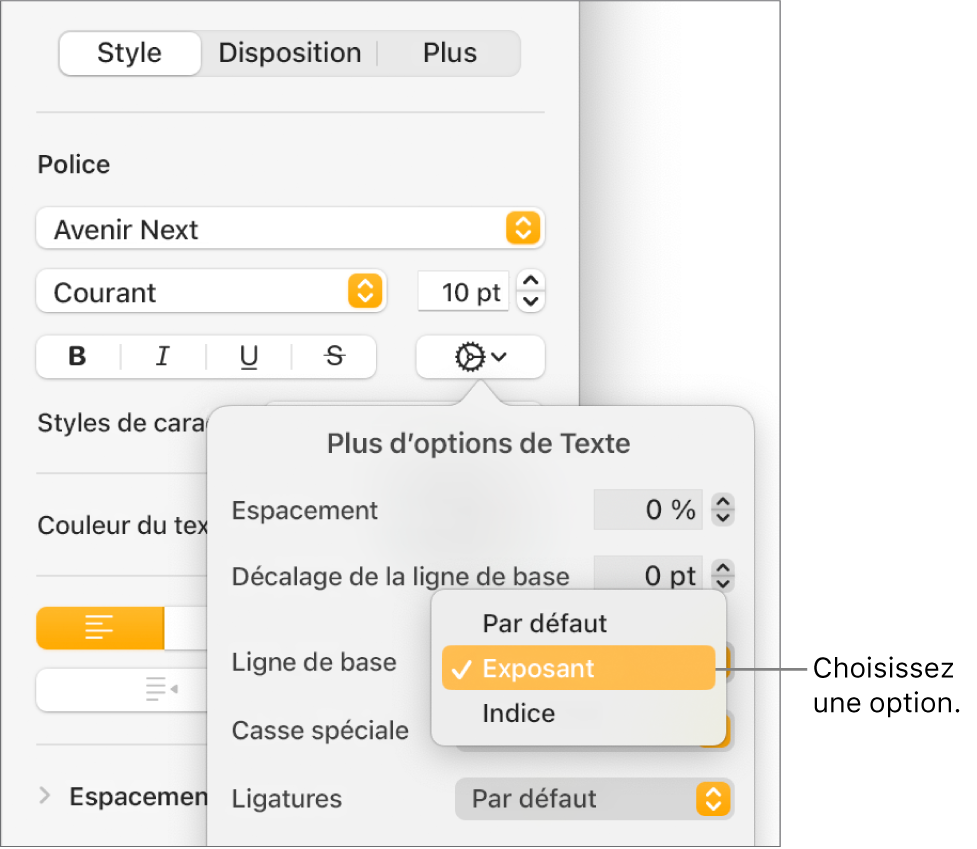 Le menu Options avancées avec le menu local Ligne de base ouvert et affichant les éléments de menu Par défaut, Exposant et Indice.