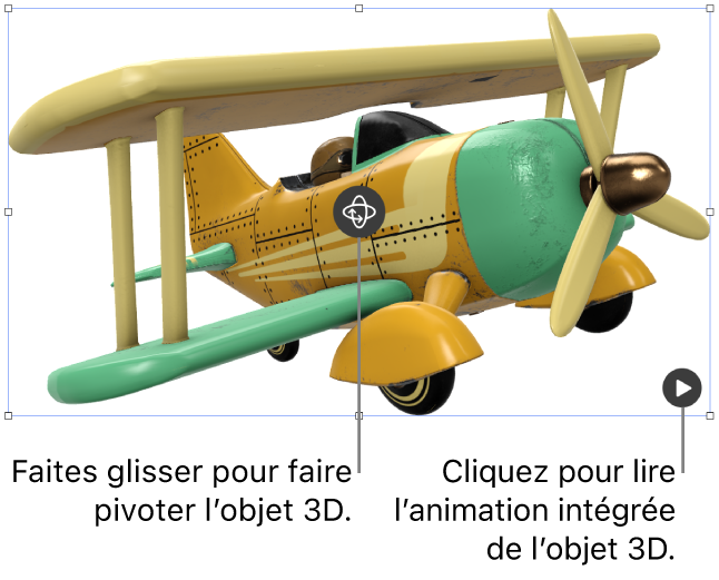 Un objet 3D avec le bouton « Faire pivoter » au centre de l’objet, et le bouton Lecture dans le coin inférieur droit.