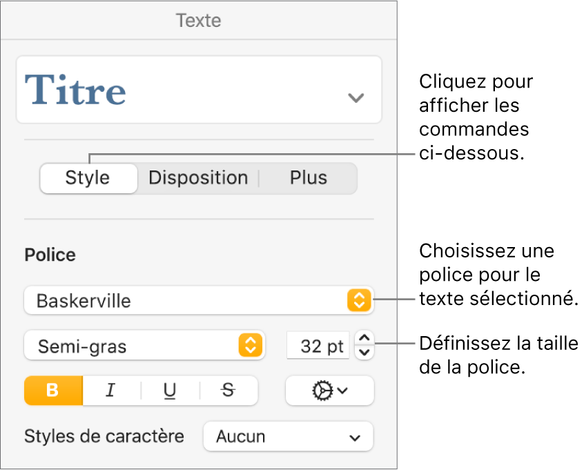 Commandes de texte de la section Style de la barre latérale Format, permettant de configurer la police et la taille des caractères.