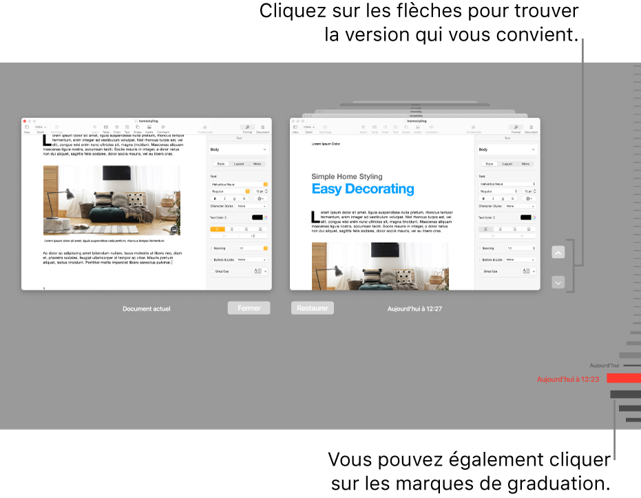 La timeline des versions avec le document actuel à gauche et une version récente à droite.