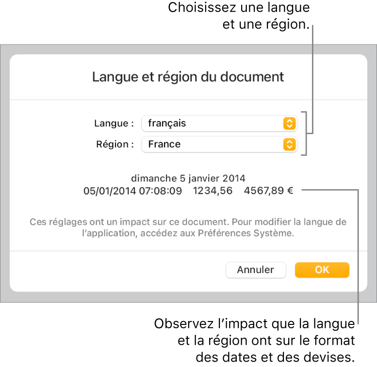 La sous-fenêtre Langue et région présentant des commandes de langue et de région, ainsi qu’un exemple de mise en forme comprenant date, heure, affichage des décimales et devise.