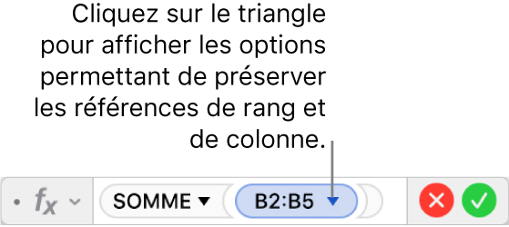 L’éditeur de formules indiquant comment préserver le rang et la colonne d’une référence d’un intervalle de valeurs.